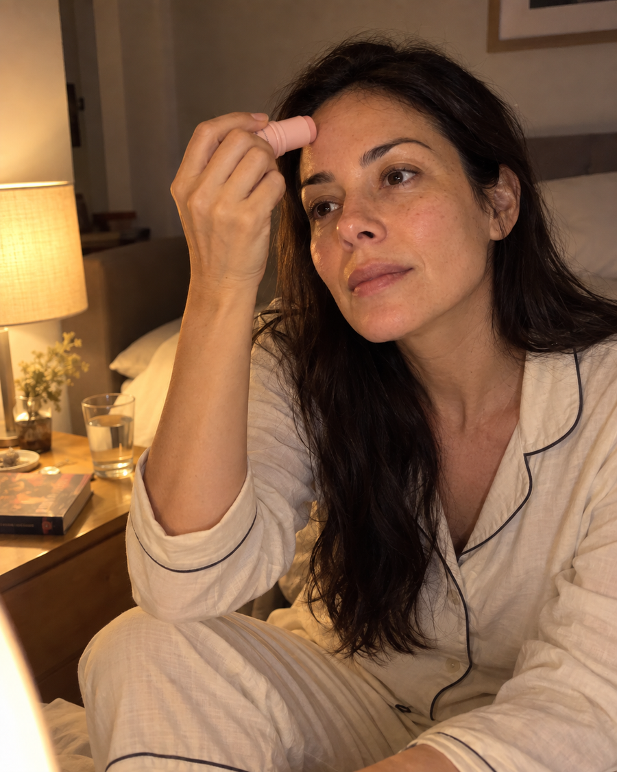 Mujer aplicando el bálsamo en la frente antes de dormir