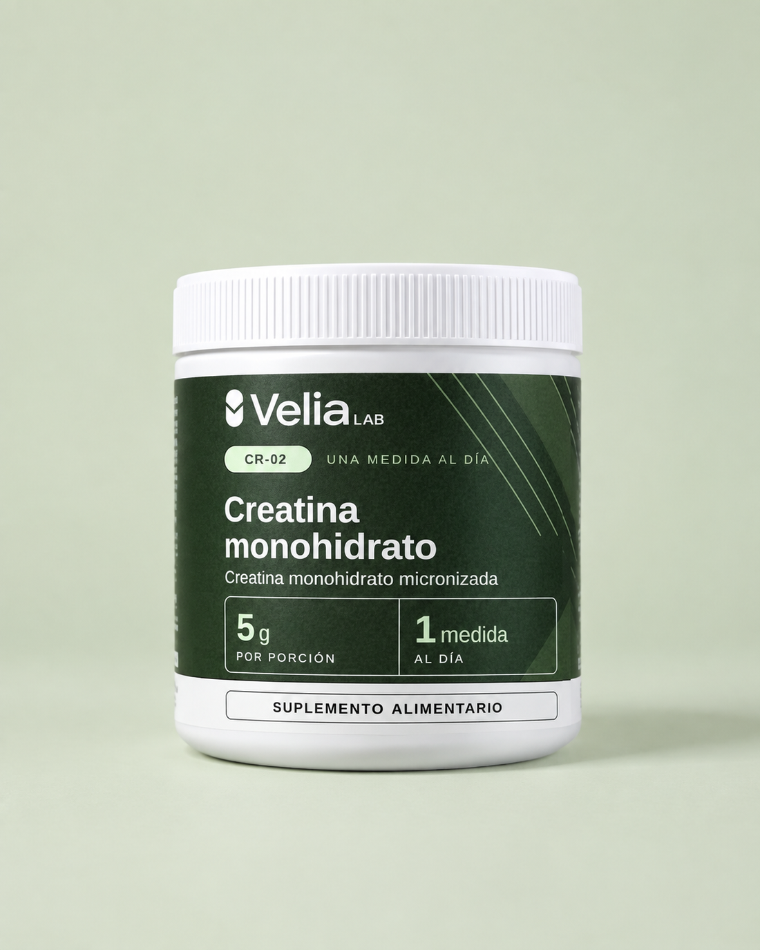 Pote CR-02 Creatina monohidrato de Velia Lab sobre fondo verde pálido