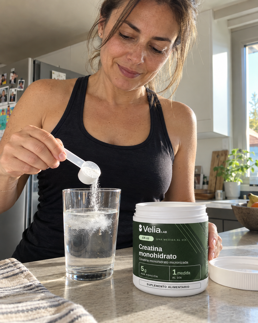 Una medida de creatina en un vaso de agua