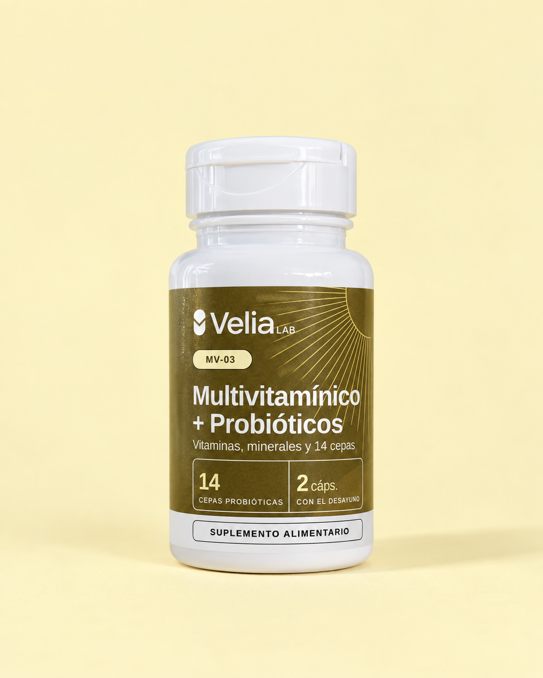 Frasco MV-03 Multivitamínico + Probióticos de Velia Lab sobre fondo amarillo pálido