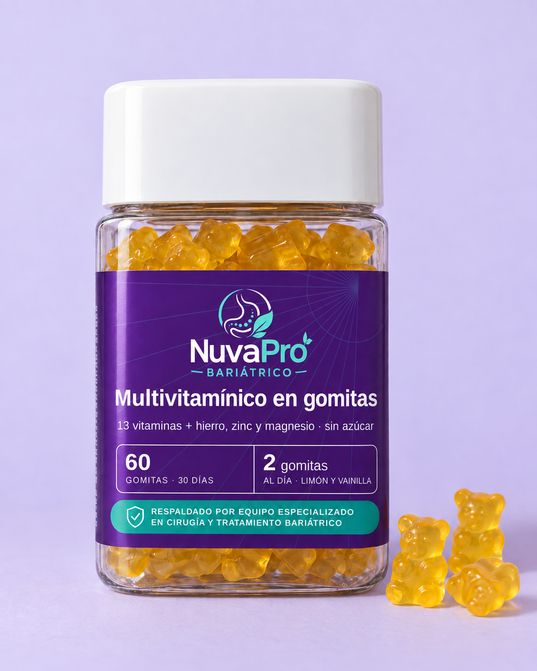 Frasco MV-06 NuvaPro Multivitamínico en gomitas sobre fondo lila, con gomitas al lado