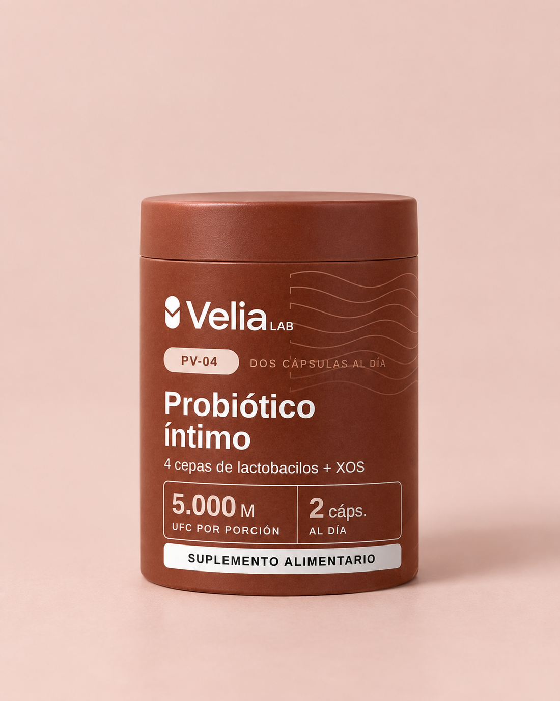 Pote PV-04 Probiótico íntimo de Velia Lab sobre fondo rosado pálido
