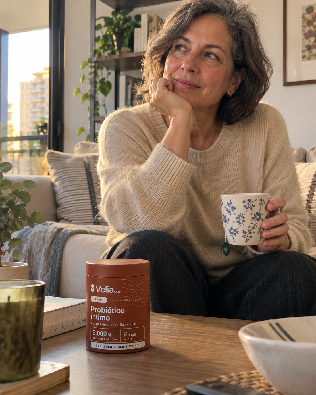 Mujer de unos 55 años en el living con una taza, con el pote PV-04 en la mesa de centro